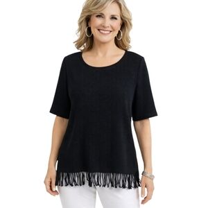 Chico's Black Textured Knit Fringe Hem Top Med/8 (Chico's 1) NWT